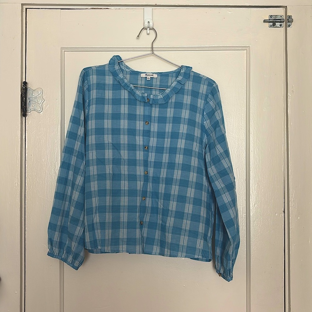 Madewell Wms Blue Plaid Ruffle Collar Blouse L